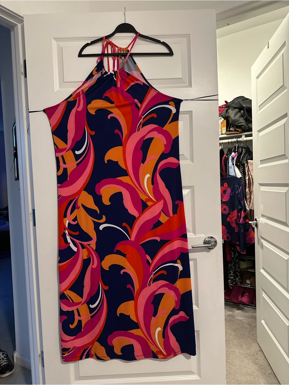 Trina Turk Navy Halter Maxi Dress with Pink & Orange Swirl Print